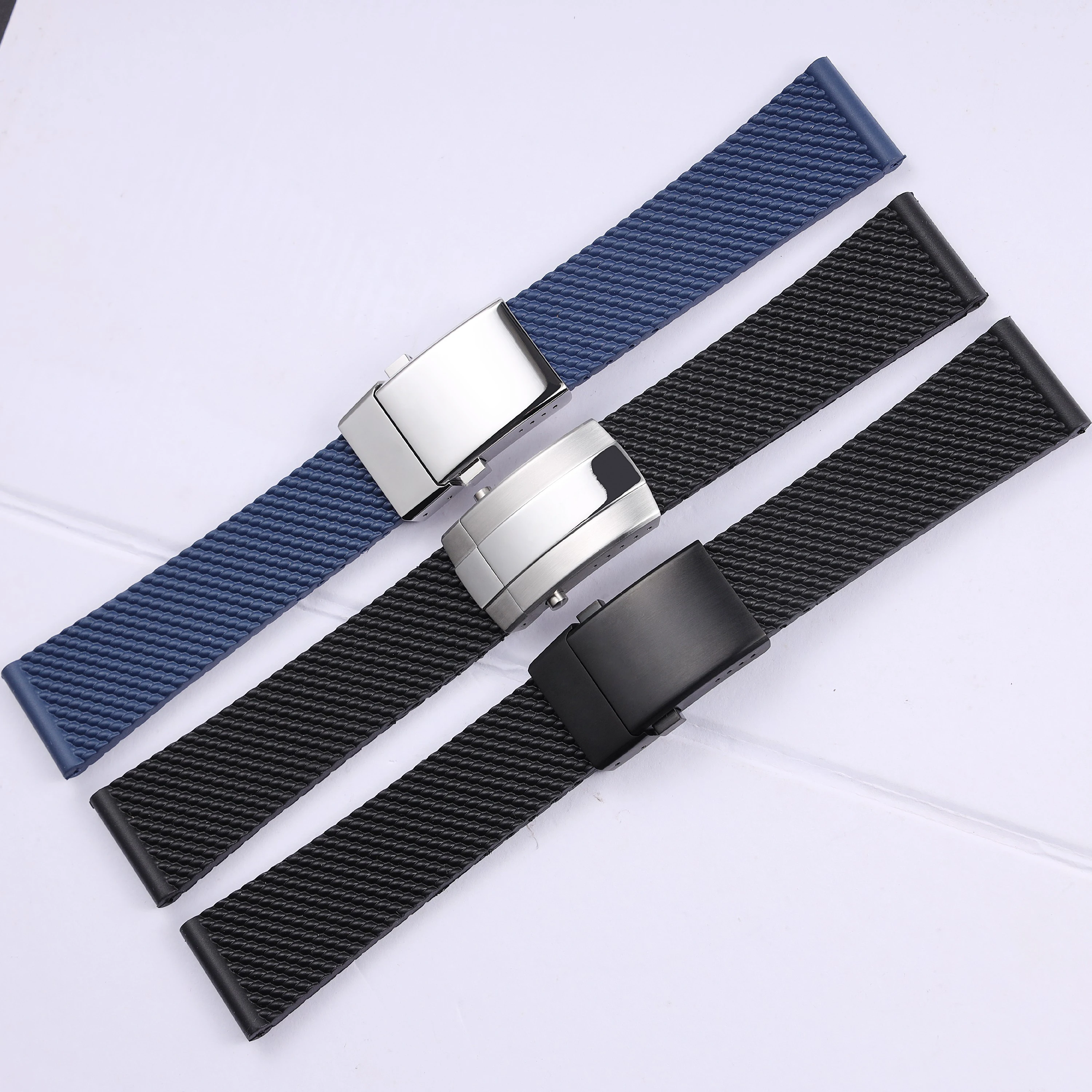 Quality 22mm 24mm Black Blue Soft Woven Rubber Watchband For Breitling Strap Waterproof Superocean Wristband Deployment Clasp