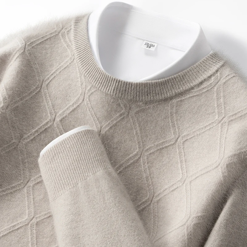 

Men's 100% Pure Cashmere Pullover Sweater Autumn/Winter Thickened Warm Geometric Knitted Loose round Neck Casual Jumper