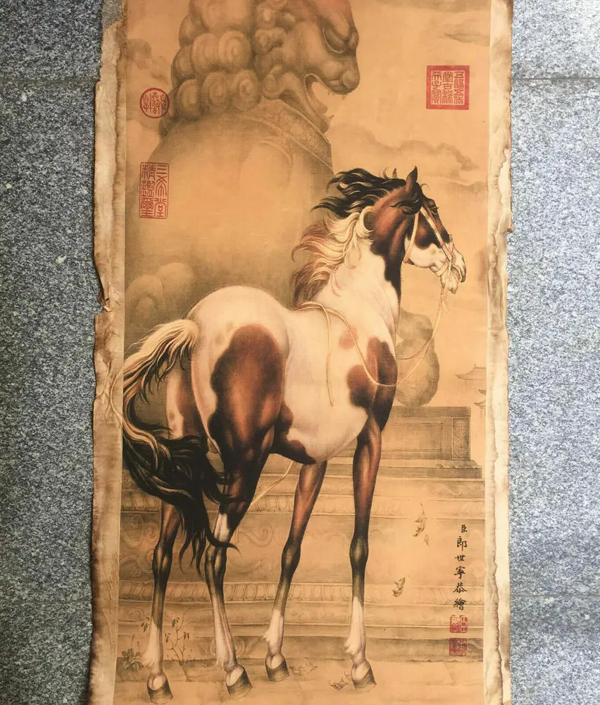 

Chinese Old Scroll Lang shining - horse Pictures Painting Rice Paper Painting