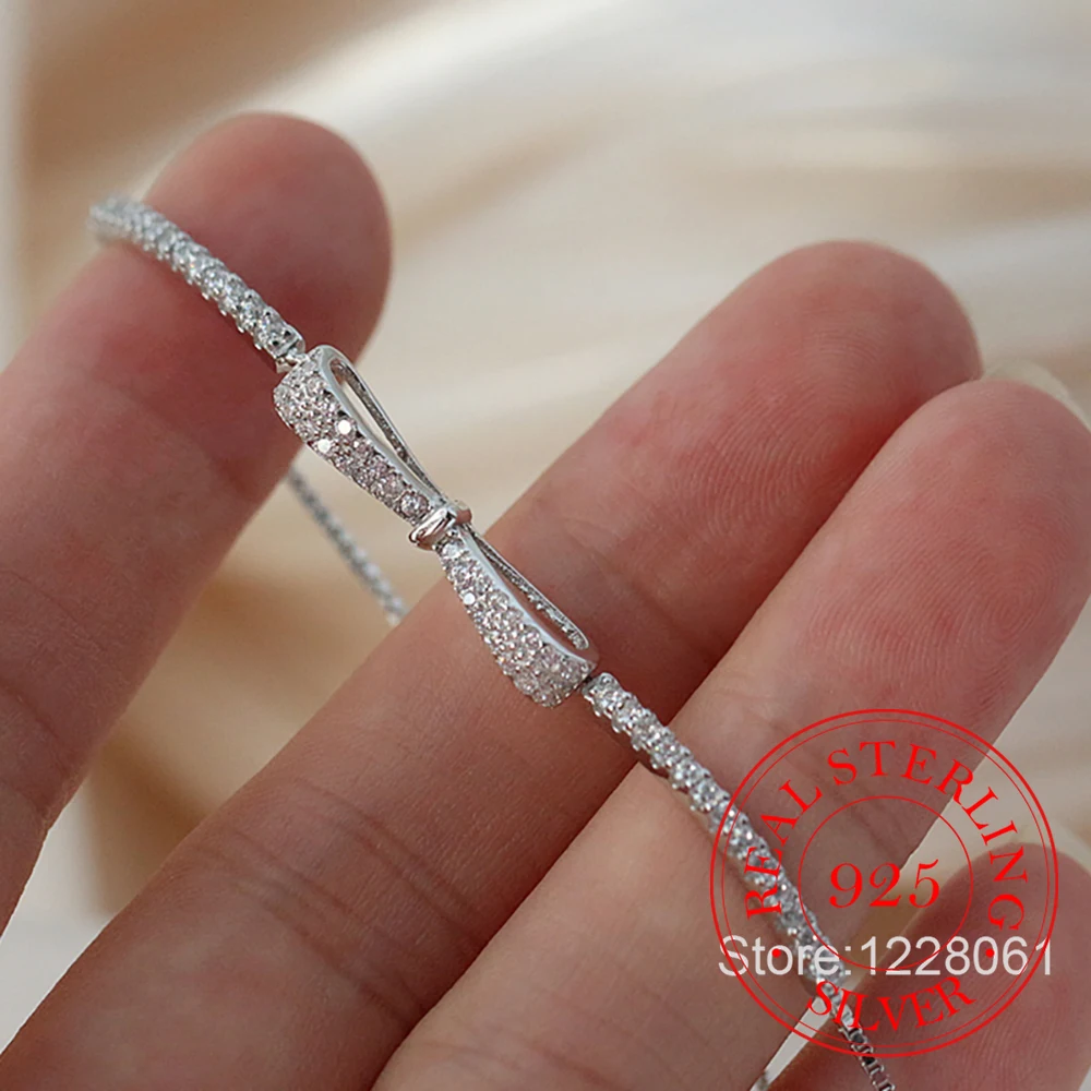 Pulsera de Plata de Ley 925 con Lazo y Circonitas Brillantes para Mujer, Brazalete Rígido Tipo Tenis, Joyería para Bodas y Fiestas, Regalos
