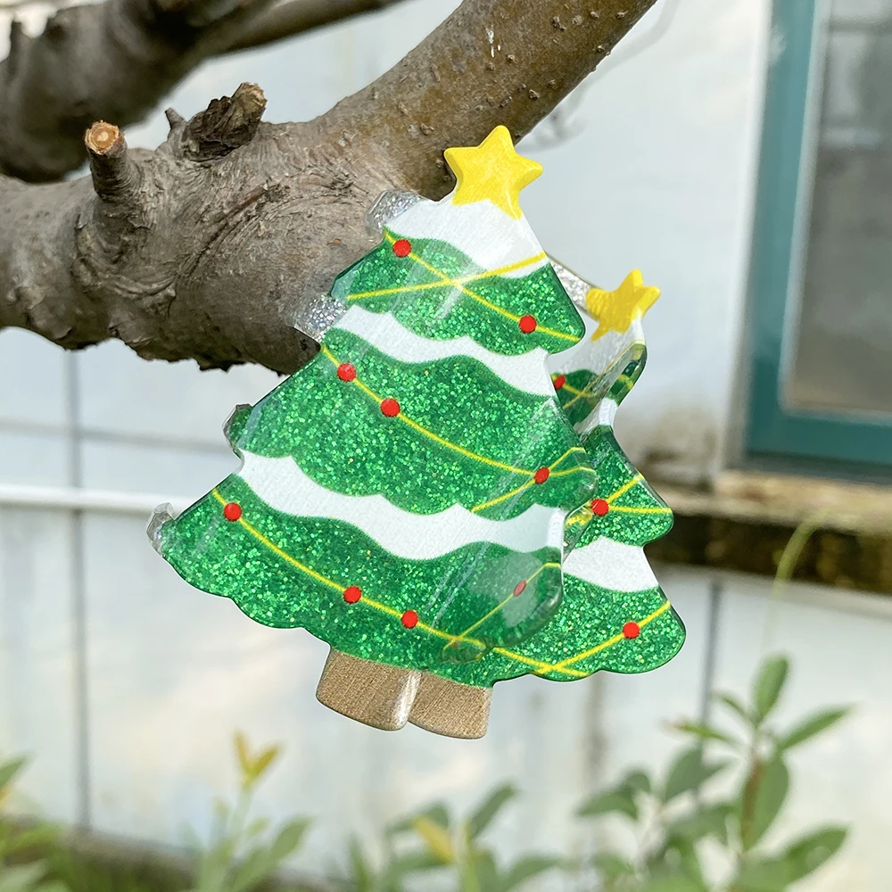 Christmas Tree Glitter Acrylic Hair Claw Clip Cute Festive Green Xmas Tree Banana Clip Women Holiday Party Hair Accessories