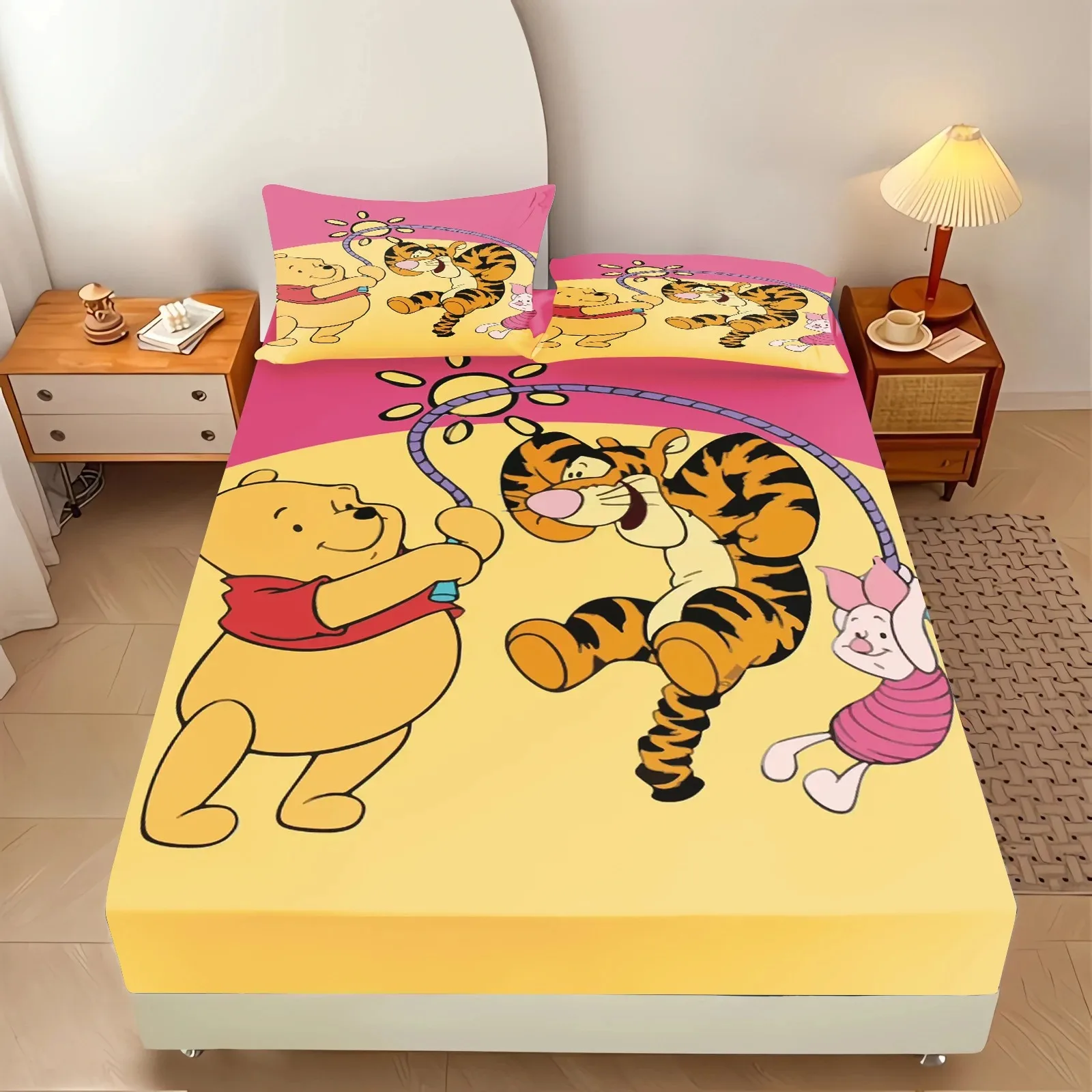 Cartoon Winnie the Pooh printed bed sheet with pillowcase, Disney cartoon bedding, boy and girl bedroom bedspread, customizable