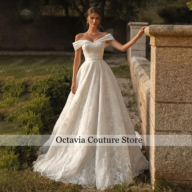 Exquisite Lace Wedding Dresses for Woman Customized Off The Shoulder V Neck Sweep Train Arabian Bridal Gown Vestidos De Novia