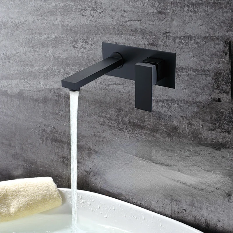 All copper concealed basin faucet with hot and cold mixed water into the wall embedded   black