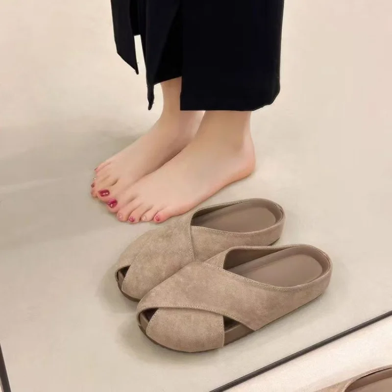 New Arrival Cross Design Closed Toe Mules, Soft Sole Suede Slides, Versatile Commute Daily Wear Women Backless Half Sandals