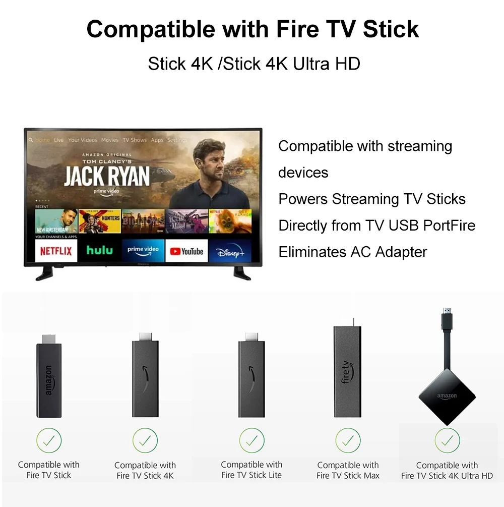 محول كابل طاقة USB لجهاز Amazon Fire TV Stick 4K، أعواد تلفزيون تدفق الطاقة مباشرة من منفذ USB للتلفزيون يزيل محول التيار المتردد