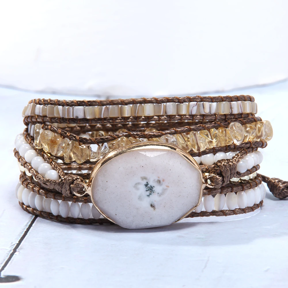 Fashion Boho Beaded Bracelet Handmade Mixed Natural Stones & Crystal Stone Charm 5 Strands Wrap Bracelets Women Gift