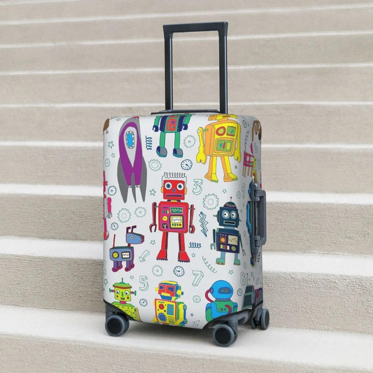 

Robots In Space Grey Fun Robot By Cecca Designs Suitcase Cover Protection Elastic Travel Luggage Protector Covers for 18-32 Inch