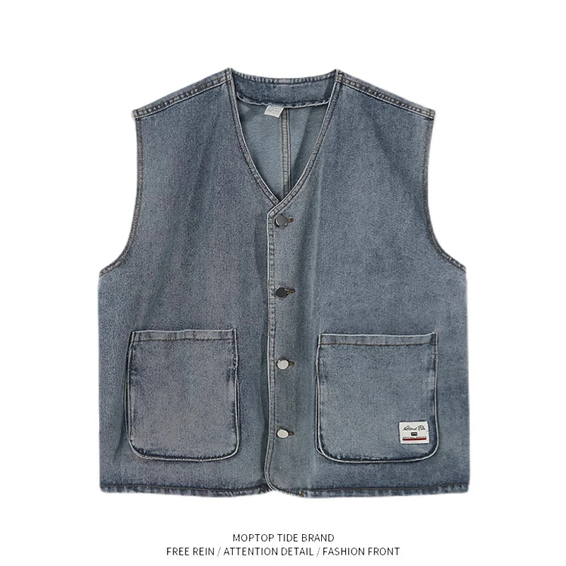 Loose Fit American Style Men's Denim Vest Jacket Sleeveless Spring Autumn Casual Youthful Design Daily Wear for Teens