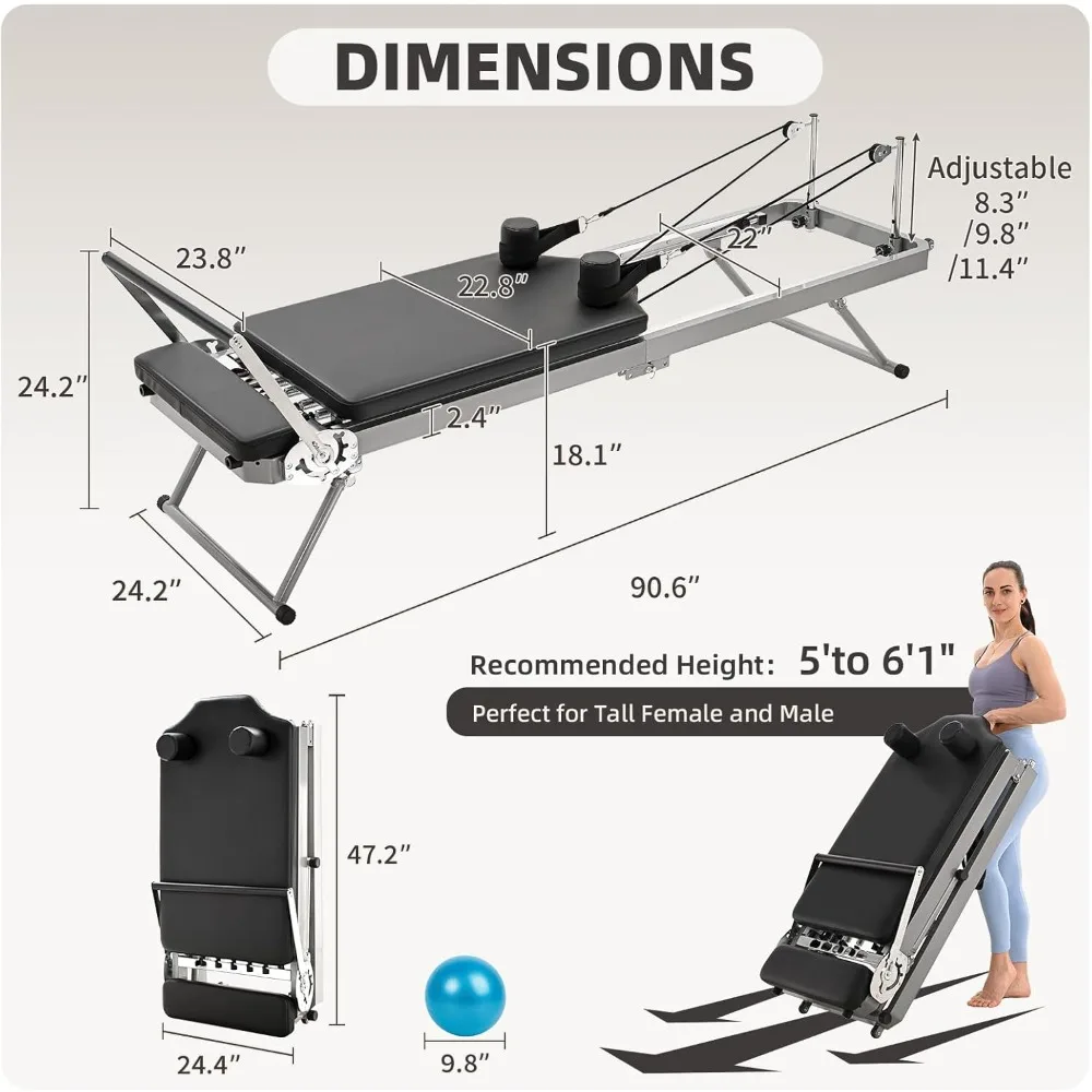 Foldable Pilates Reformer Machine Equipment, Pilates Exercise Equipment with 5 Metal Resistance Springs - Max Tension 110 lbs