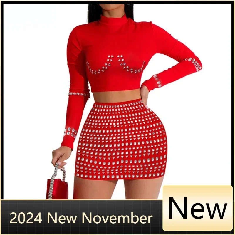 Vrouwen sexy effen kleur lange mouw strass decor tanktop en hoge taille minirok 2-delige set