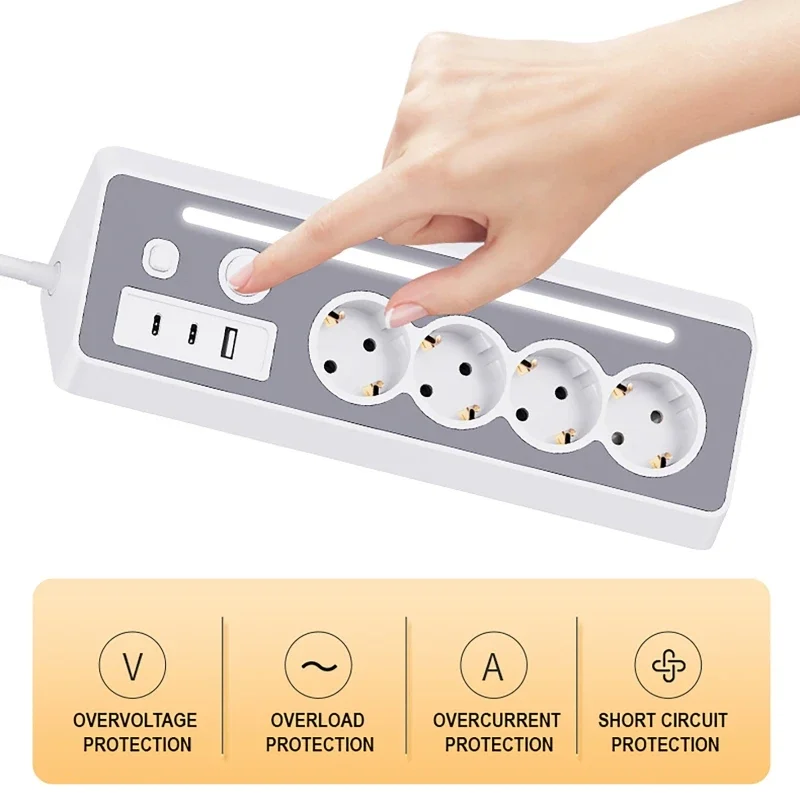 EU AC Plug Power Strip Desk Sockets,1 USB,2 Type-C , 4 AC,1.5M Cable with LED Light European Standard Switch Socket