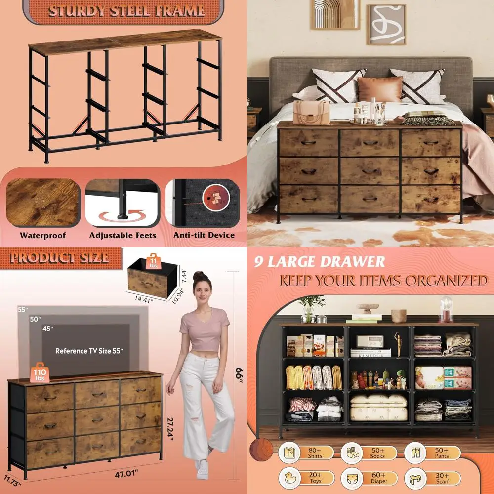 

47''W Dresser for Bedroom, Dresser TV Stand for 45, 50, 55 inch TV, Wide Chest of Drawers with 9 Drawer, Large Entertainment Cen