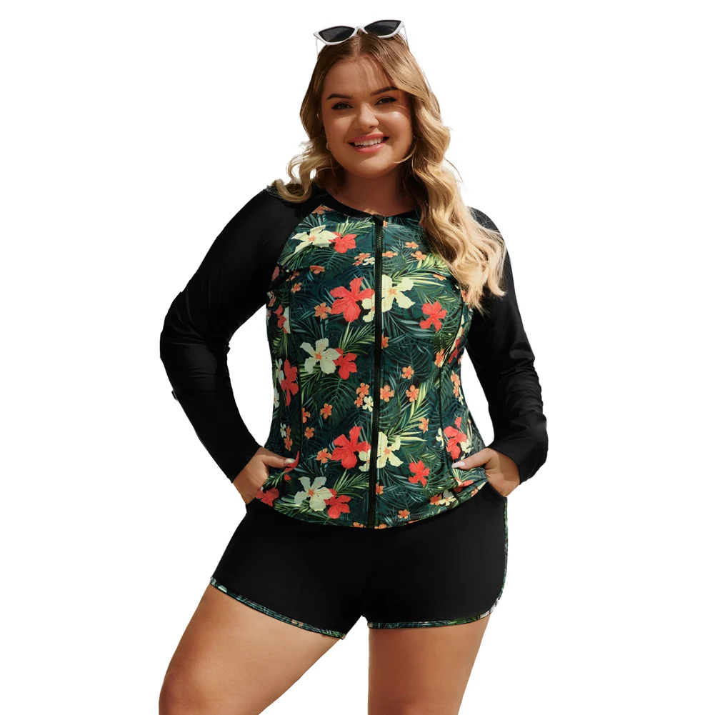 HN Women/Ladies Plus Size 3Pcs/Set Swimsuit Zip Up Coat + Cropped Tops + Shorts Swimwear High Waist