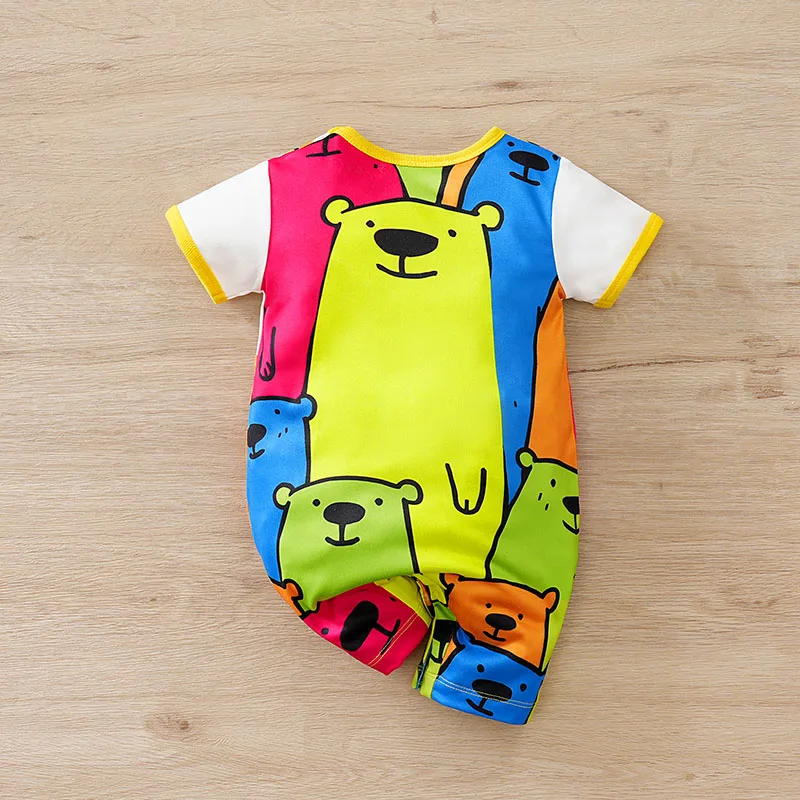 0-18Months Boys and Girls Baby Short-Sleeve Romper Perfect for Outings Faux Suspenders & Colorful Bear Print 2025 baby clothes