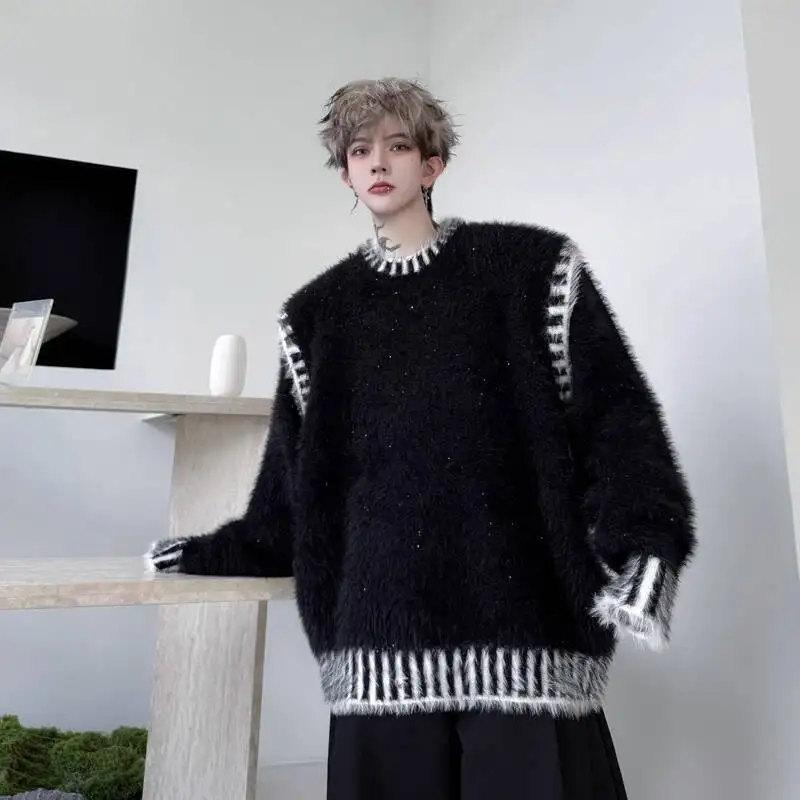 WTHT Kaus Kasual Warna Kontras Bergaris Pria Fashion Trendi 2025 Atasan Kerah Bulat Lengan Panjang Musim Gugur Pria 2A2071