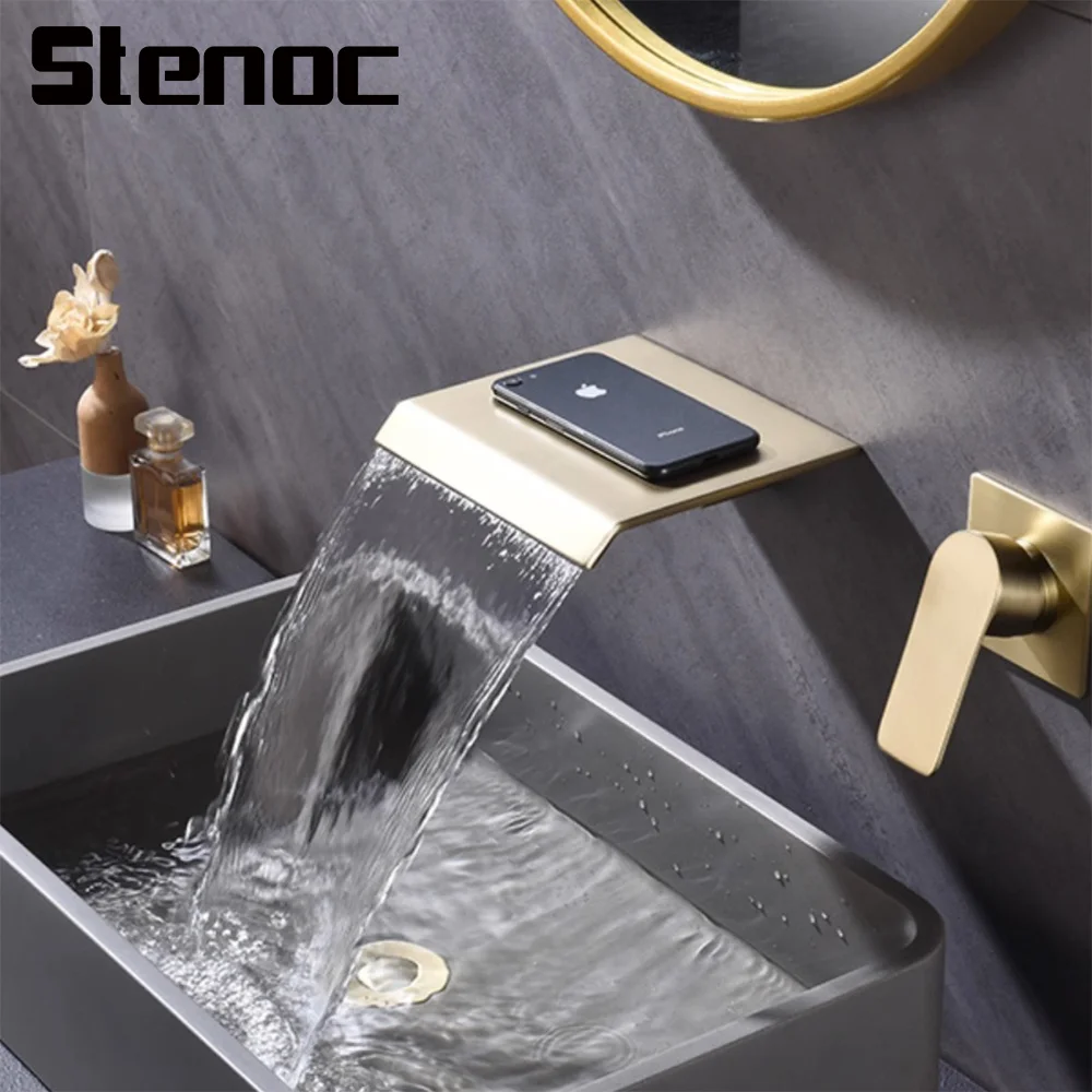 

Gold Wall Mounted Waterfall Basin Faucet Bathroom Sink Faucet Basin Sink Faucet Concealed Brass Hot & Cold Out Water Mixer Tap
