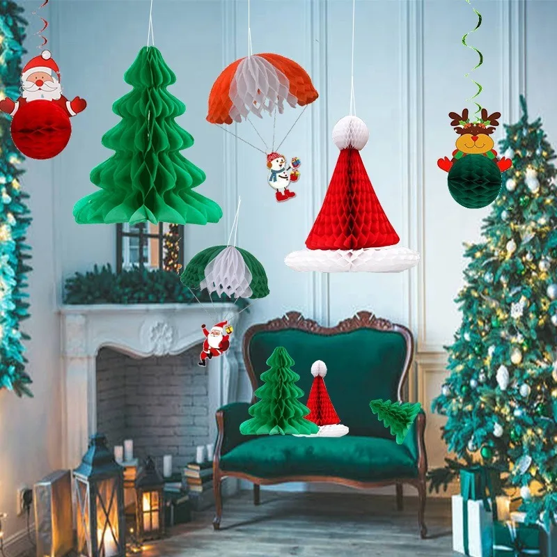 

Creative Christmas Tree Shape Honeycomb Paper Pendants Red Green Xmas Tree Hanging Ornaments Happy New Year 2026 Decors