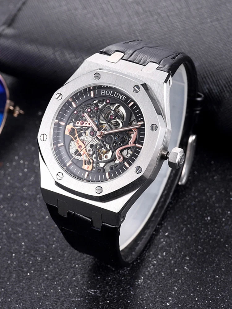 2024 automatic mechanical watch calendar watch silicone band hollowed out mechanical men\'s watch waterproof watch