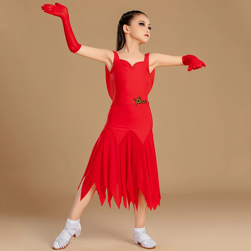 子供パフォーマンスダンスドレス女の子赤ラテンダンス競技衣装ワルツ社交ダンスドレスステージパーティー着用 SL12545