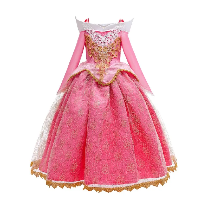 Pink Princess Style Dress For Girls, Off Shoulder Lace Party Gown, Suitable For Kids Birthday, Halloween, Stage Performance