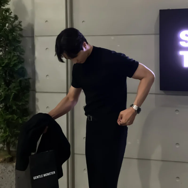 Half High Collar Knitted Short Sleeve-Shirt Men'S American Solid Color High-End Trendy Slim Summer-Shirt Half Sleeve Bottomi