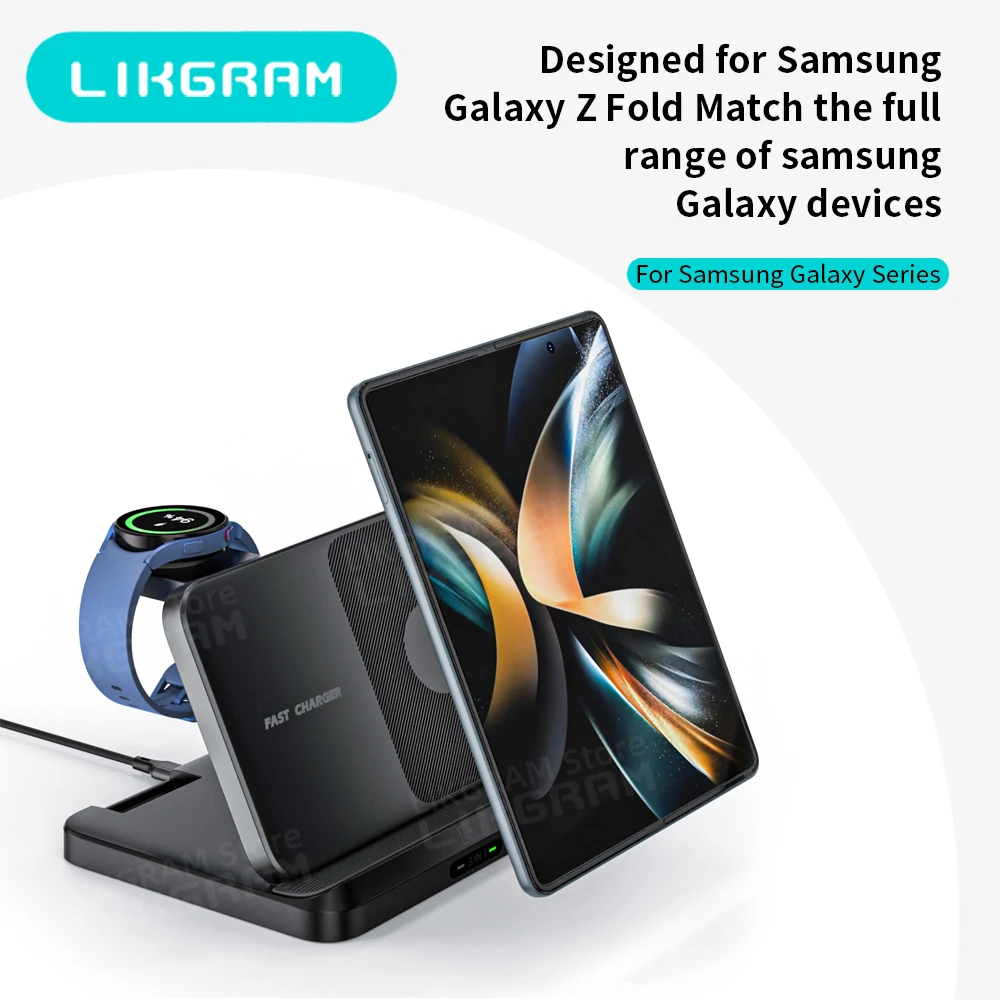

Складная беспроводная зарядная станция 3-в-1 для Galaxy Z Fold, Z Flip 6/5/4/3, S24 Ultra/S23, зарядное устройство для Galaxy Watch W82S