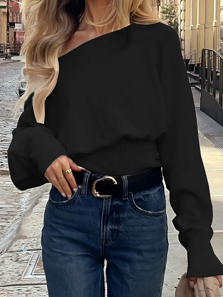 

Autumn Winter New Solid Off-Shoulder Sweater Slash Neck Long Sleeve Knitted Pullovers Fashionable Commuting Versatile Short Top