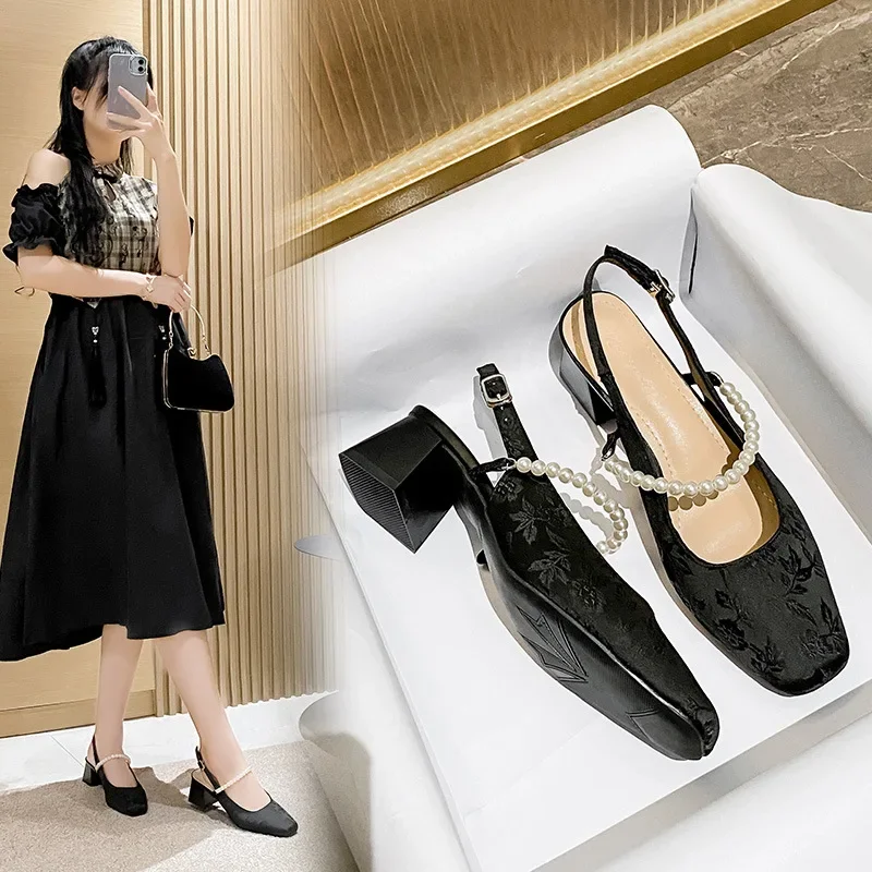 2024 Women Square Toe Pumps Pearl Decoration4.5CM Square Heel National Style New Chinese Style Pearl Jacquard Baotou Women Shoes image 3