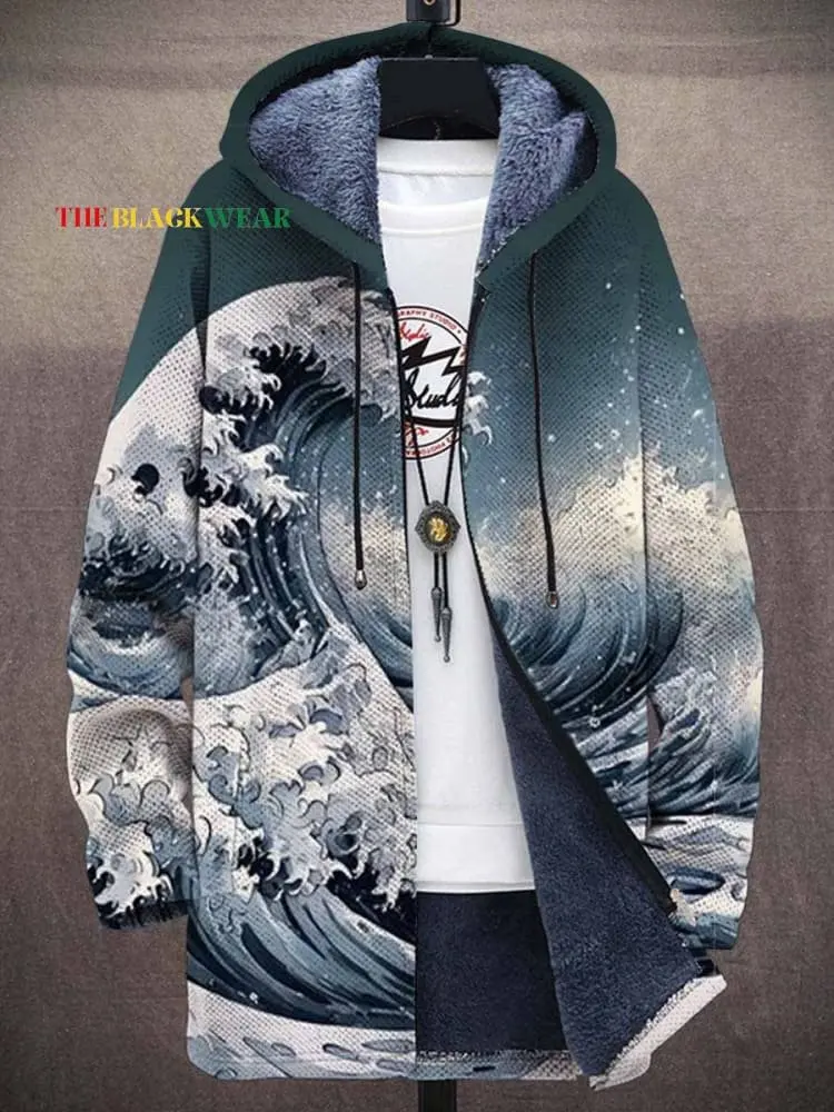 

Винтажный японский художественный Ukiyo-e Waves унисекс, плюшевый толстый свитер с длинными рукавами, кардиган, пальто, толстовки с флисовой подкладкой, пальто на молнии