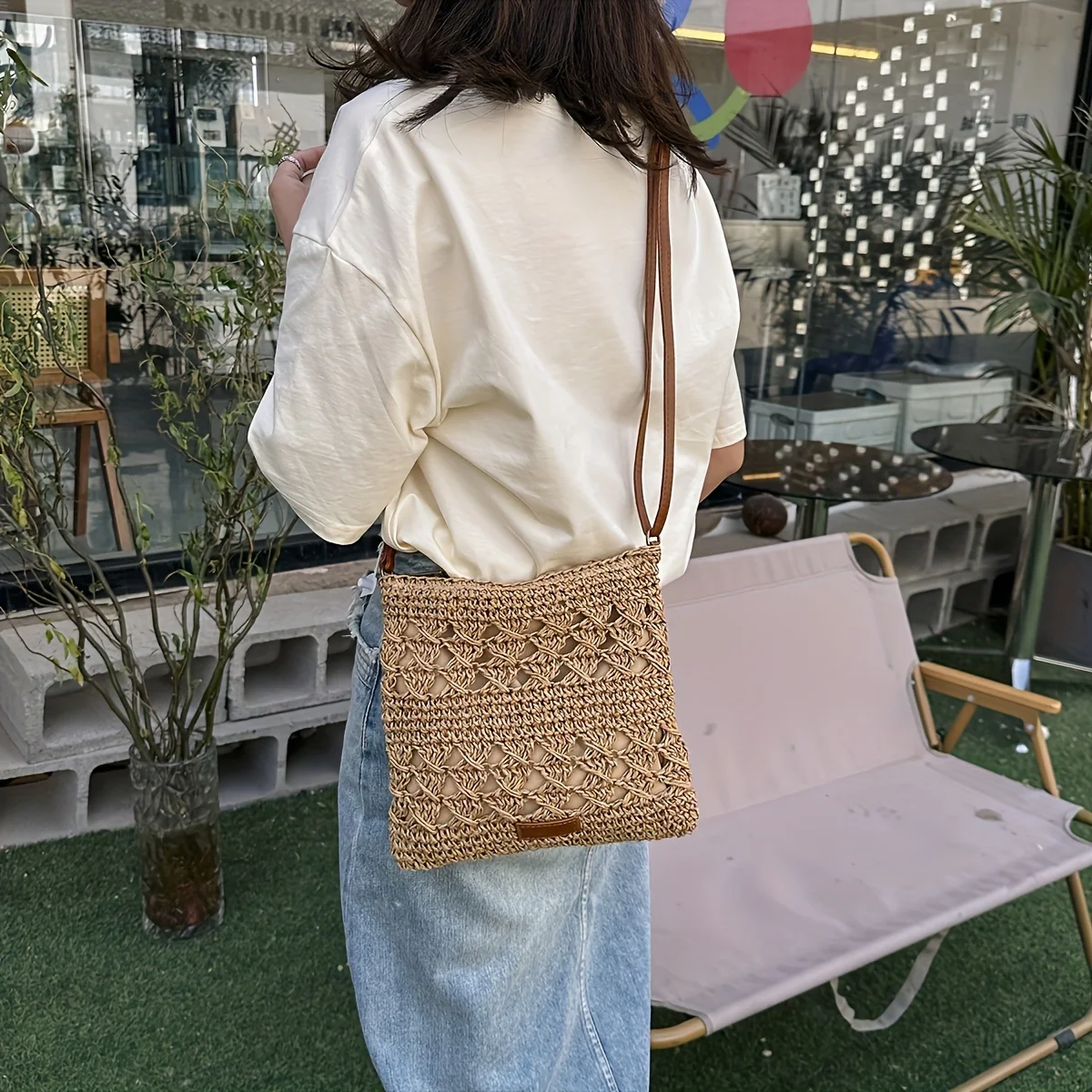 Chic Handmade Paper Straw Crossbody Bag Solid Color Zipper Closure Shoulder Messenger Bags for Women Summer Beach Urban Outings image 6