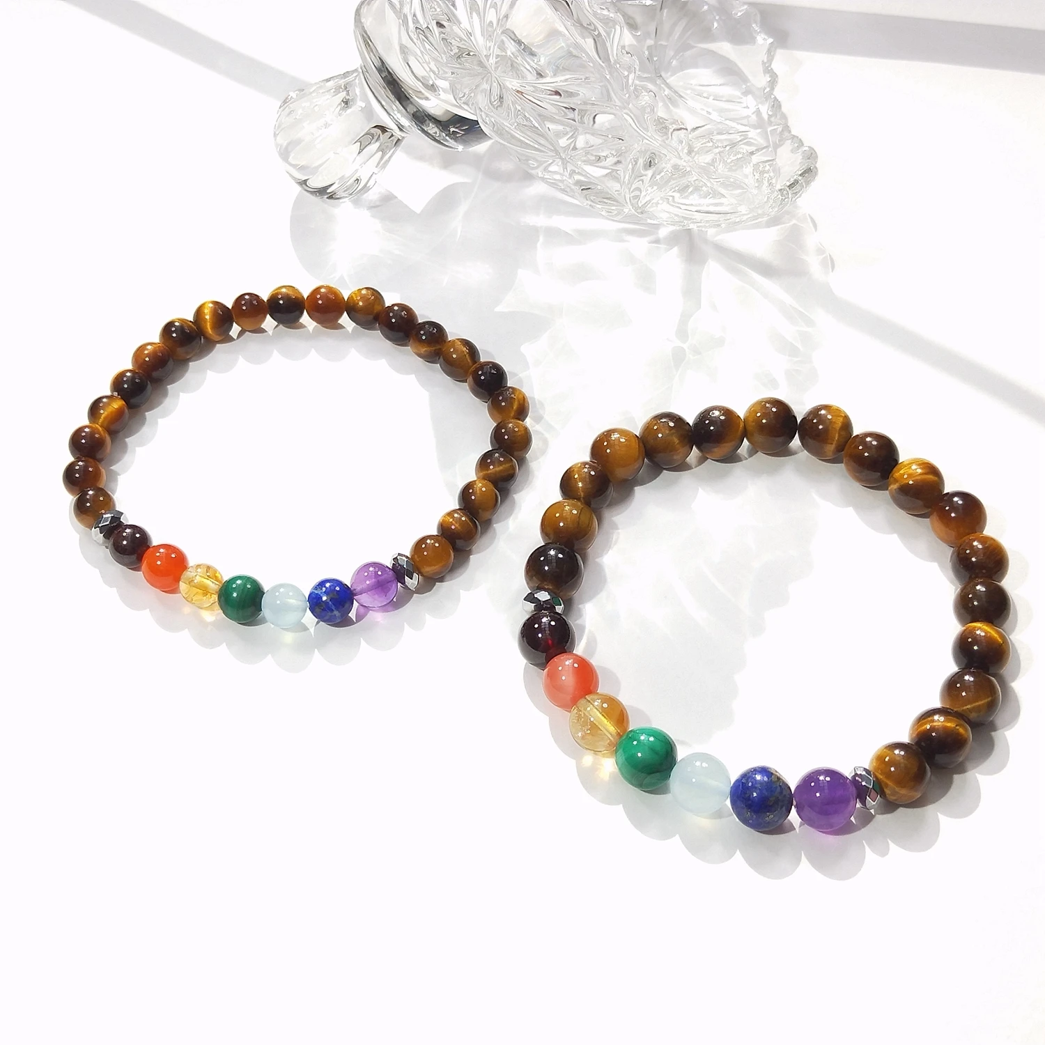 Lii Ji Tiger Eye With 7 Chakras Stone Hematite 6mm/8mm Elastic Bracelet  For Male Female Jewelry