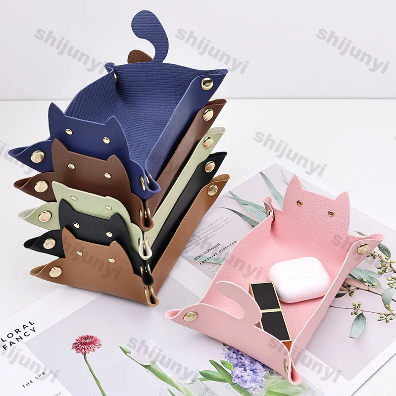 Creative Leather Storage Box Cute Cat Ins Style Entrance Key Storage Tray  Desktop Miscellaneous Jewelry Storage Box Save Space