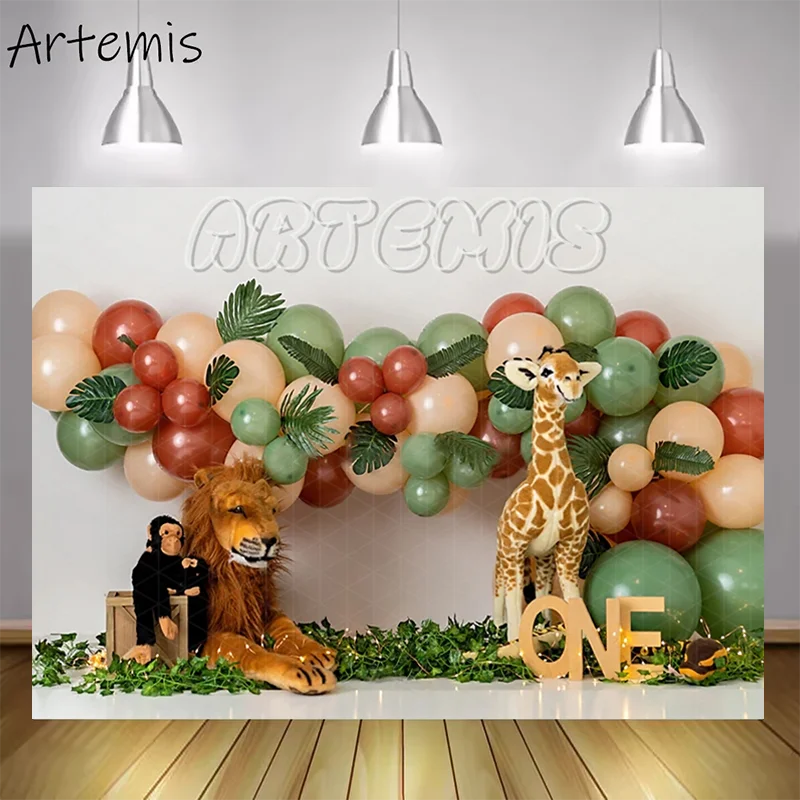 Fondos para sesión fotográfica, Decoración de cumpleaños para niños, bosque, marrón, verde, globos, pastel, Smash, Animal, Zoo, León, jirafa