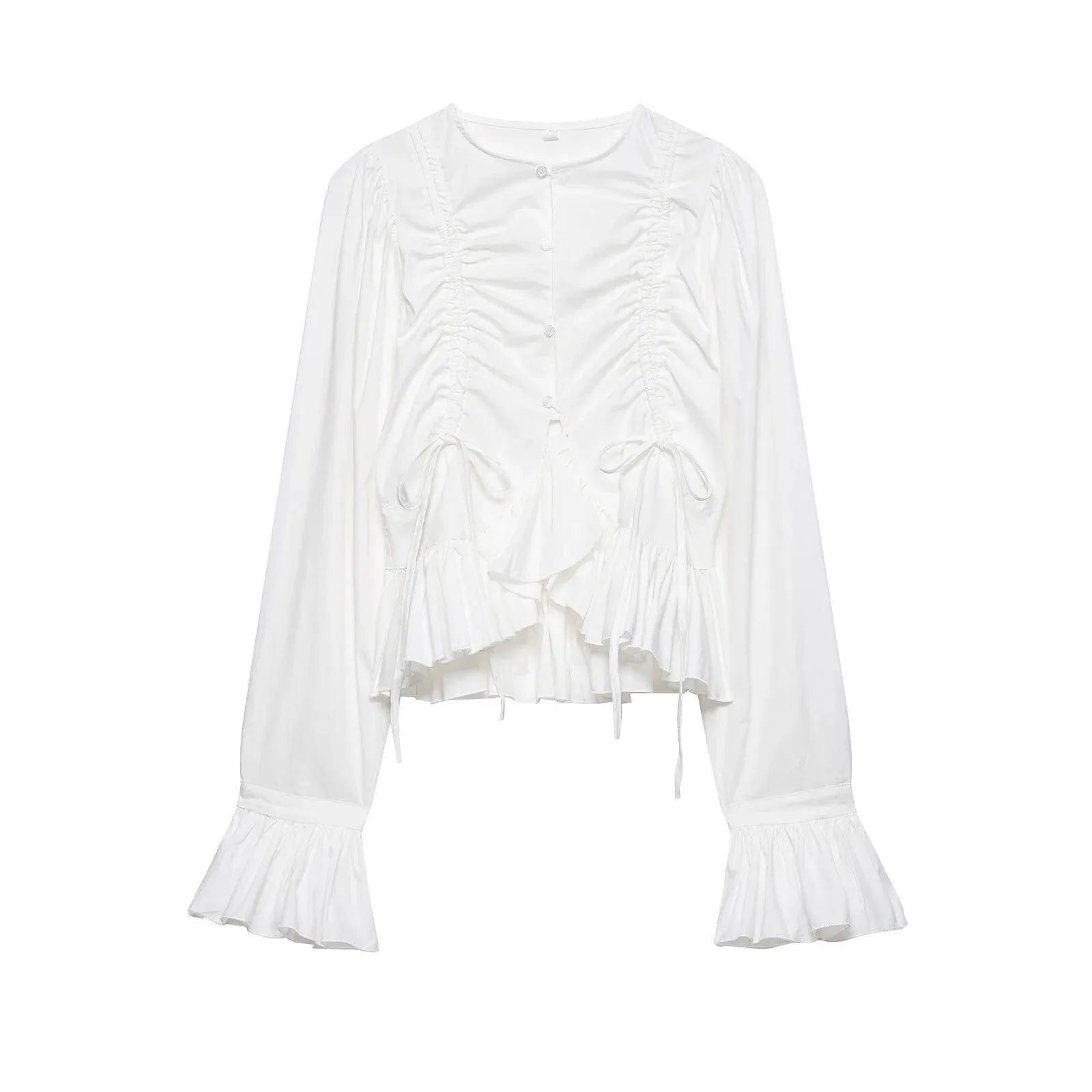 

Европейская и американская новинка весны 2026: повседневная рубашка с круглым вырезом, рукавами-колокол и плиссированным дизайном в стиле пэчворк