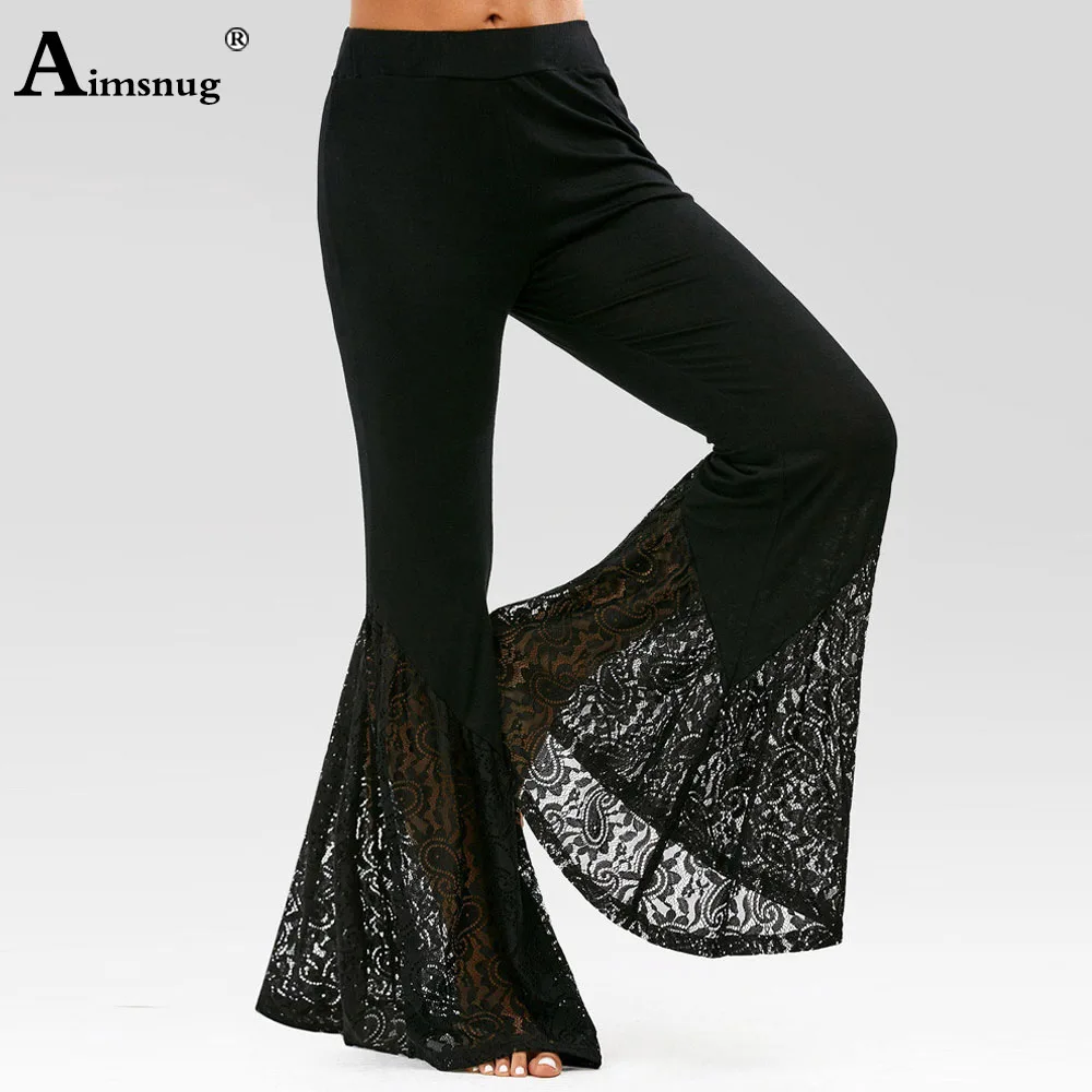 

2024 Spring New Casual Bloomers Women Patchwork Lace Flare Pants Vintage Full Length Pants Black Soft Elastic Waist Trousers