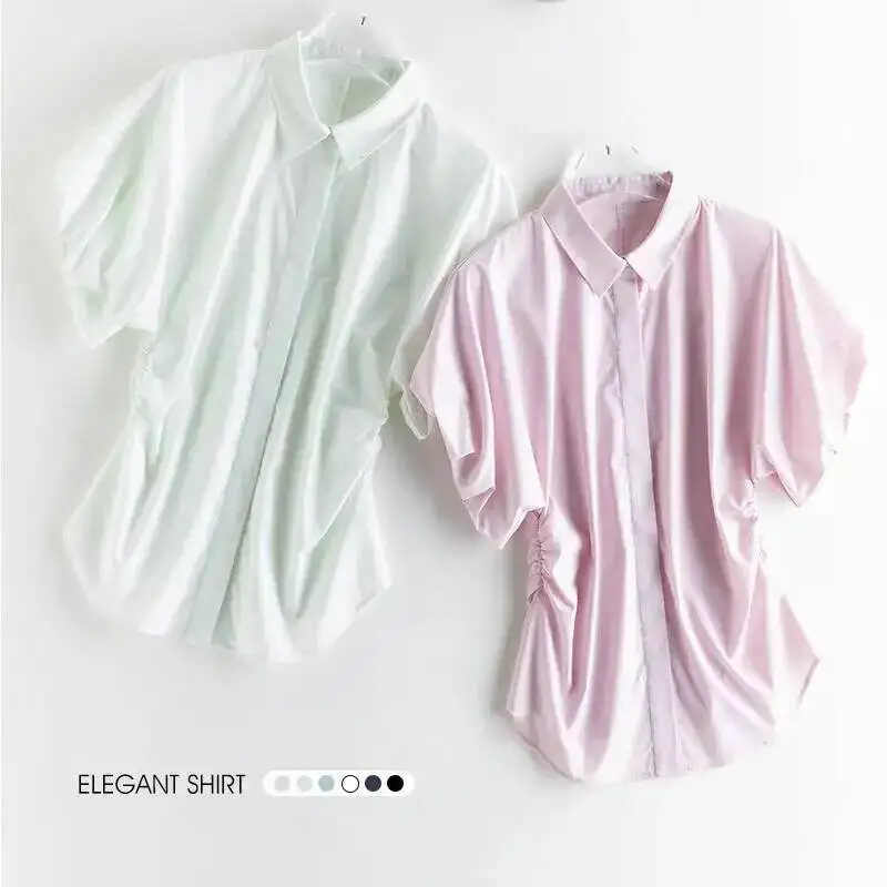

Women Bud Sleeve Pleated Waist Shirts, Spring Summer Polo Collar Single Breasted Elegant Shirt