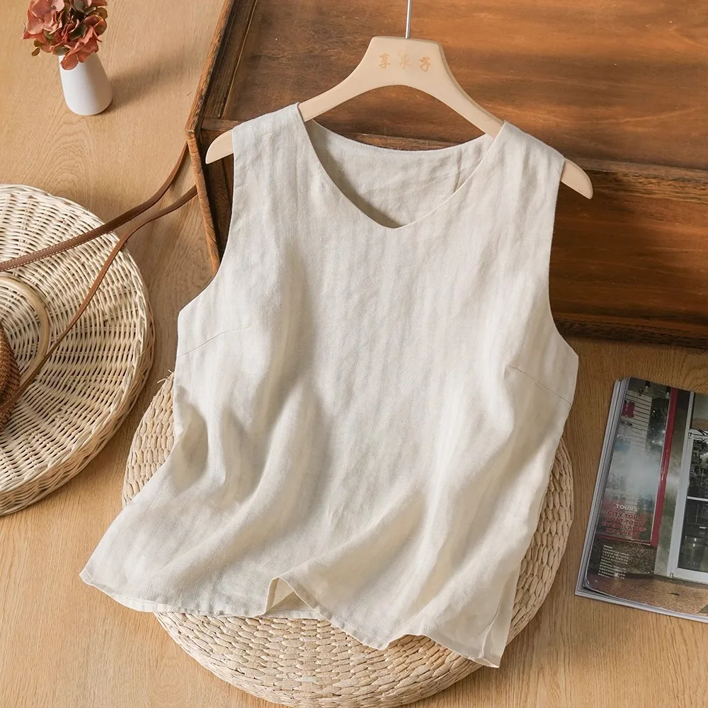

Slimming Cotton Linen V-Neck Sleeveless Vest Top Women's Casual Comfortable Breathable Pure Color Versatile Loose Fit Shirt