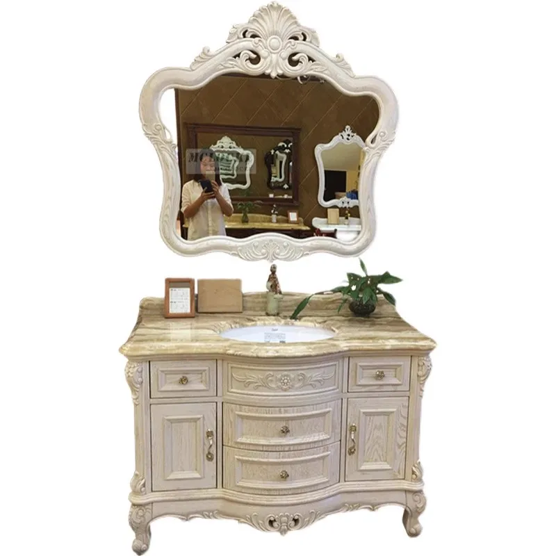 

Bathroom cabinet solid wood antique, bathroom cabinet American style, marble floor, hand basin