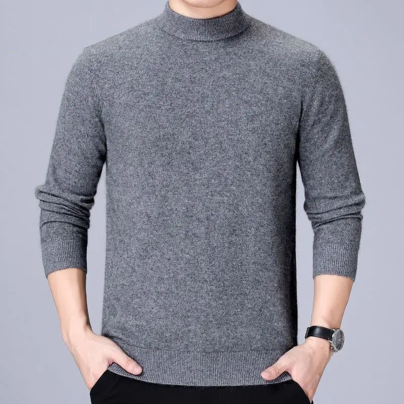 Spring Fashion New Korean Casual Men's High End Half High Neck Long Sleeve Sweater Patchwork Screw Thread Loose Warm Knitted Top