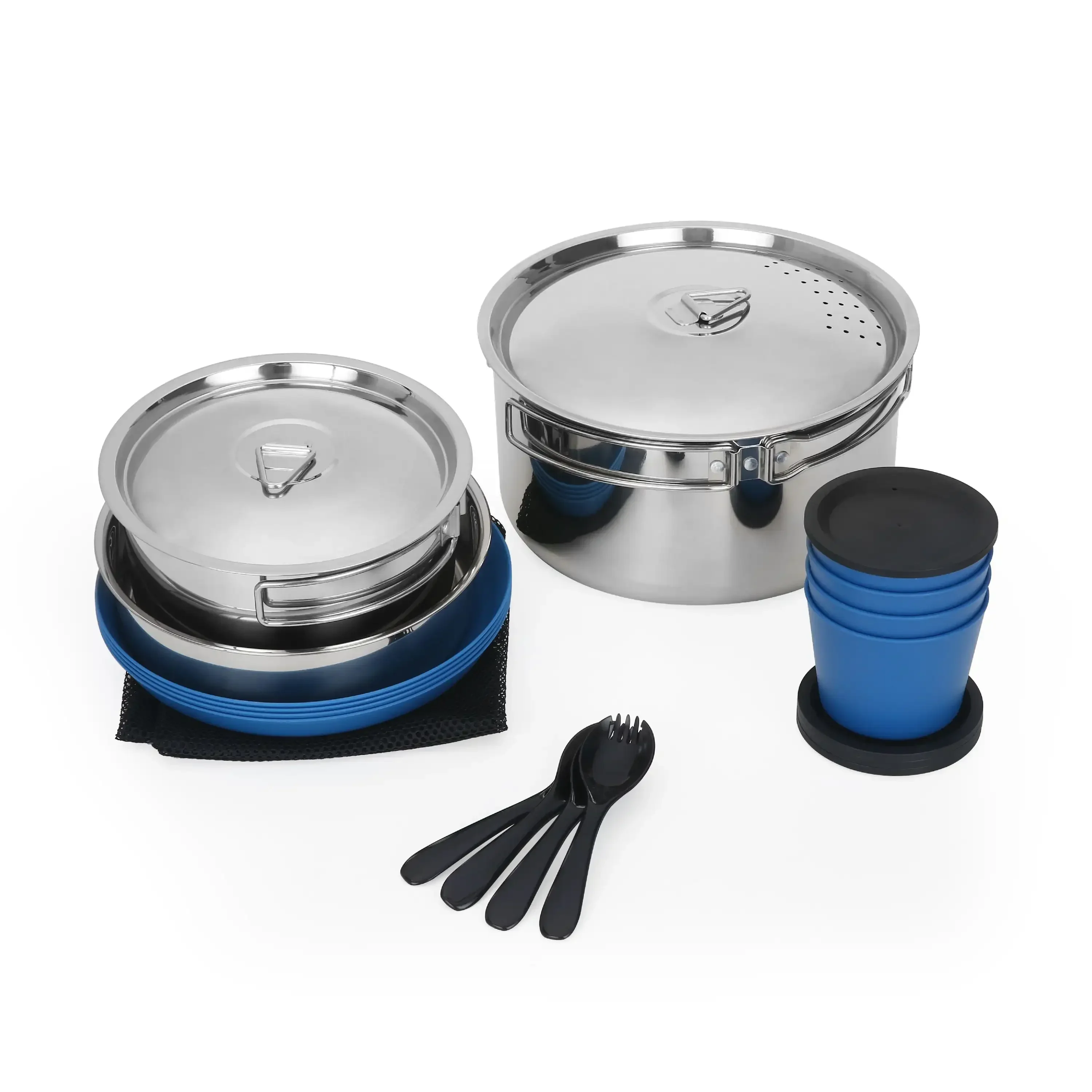 Juego de 22 piezas de vajilla y sartenes con bolsa de transporte de malla