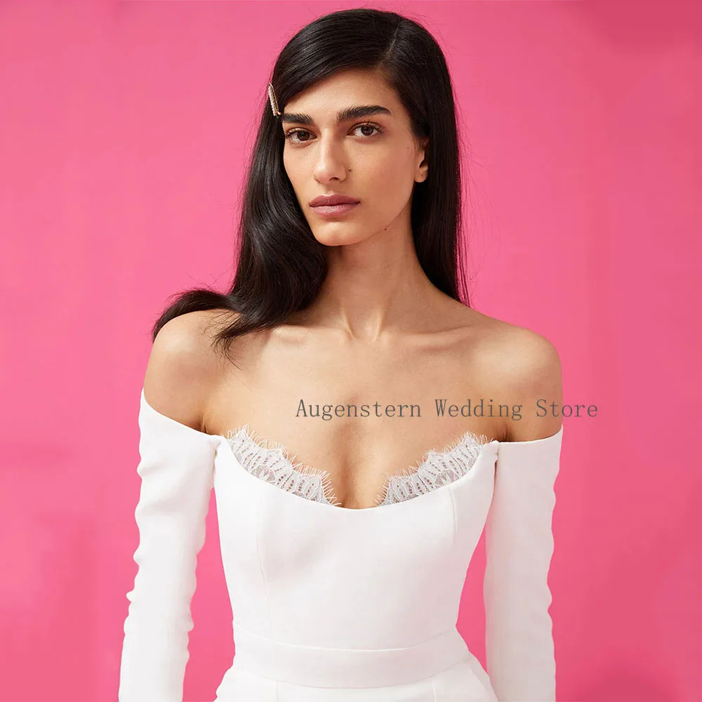 Robe de mariée colonne personnalisée, manches longues, épaules dénudées, en dentelle, longueur cheville, poches, robes de mariée modernes