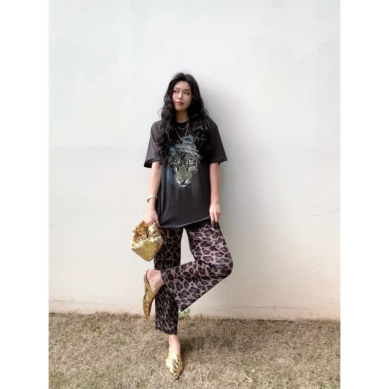 Pants Women's Summer Retro Pleated Leopard Print Slimming Cropped Straight Leg Wide Leg Comfortable Minimalist Versatile Niche