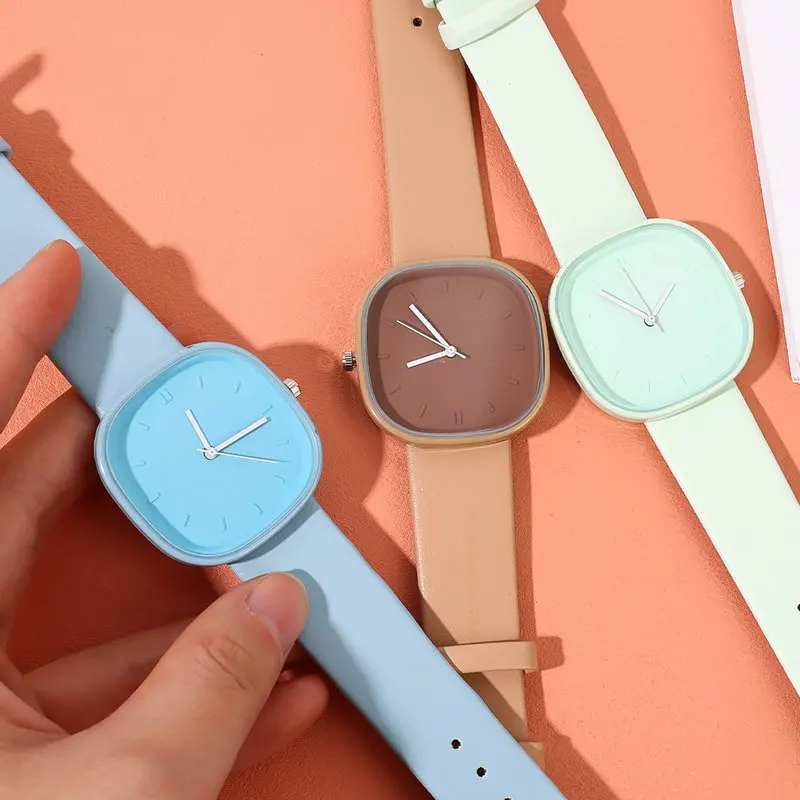 Recién llegado, reloj cuadrado Simple para mujer, correa de cuero de cuarzo, reloj de pulsera de moda para mujer, reloj impermeable Macaron para mujer