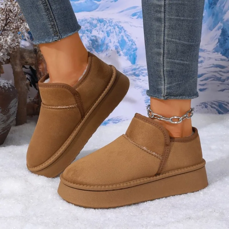 Faux Suede Thick Bottom Snow Boots Women 2025 Trend Warm Thicken Plush Cotton Shoes Woman Slip On Non Slip Winter Ankle Boots