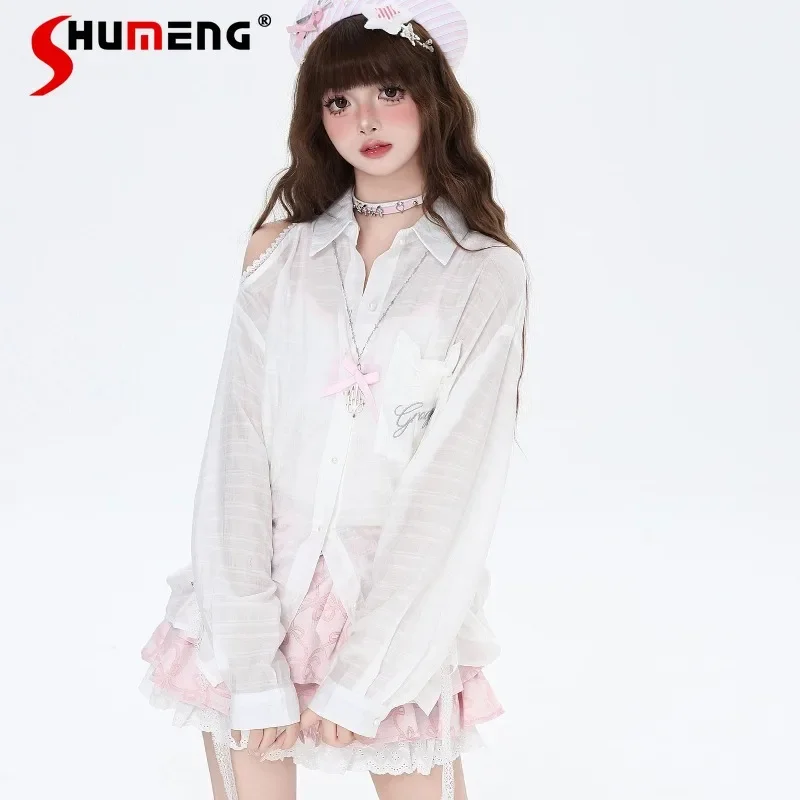 

New Early Autumn Sweet And Cute Blouse Off-the-shoulder Thin Slightly Transparent Embroidery Pure Desire Girl Strap Jacket Shirt