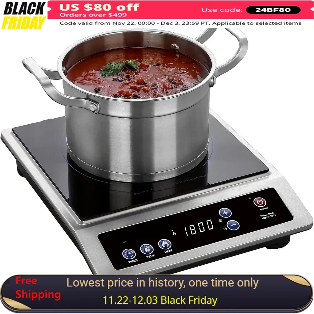 Electric Induction Cooker, 1800W Commercial Grade Portable Cooker, Countertop Burner, 10 Hours Timer, Induction Cooktop