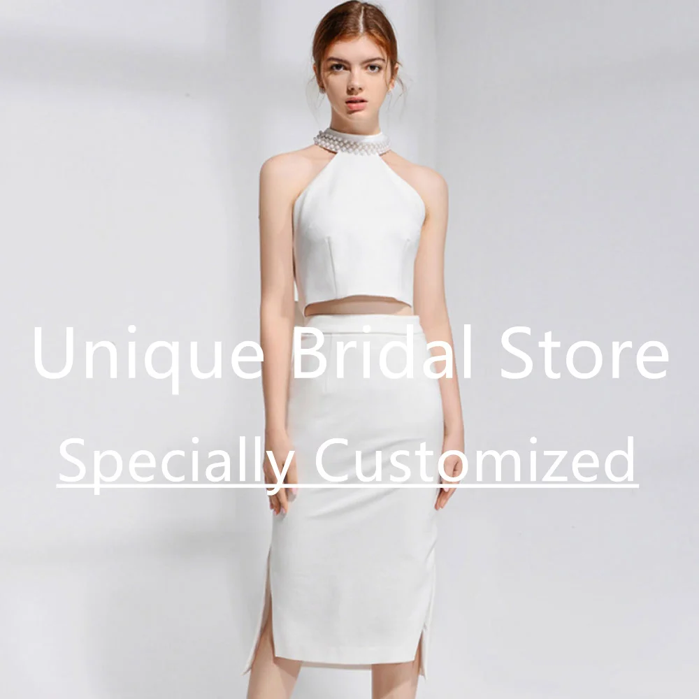 Customized Classic Short Jersey Wedding Gown Sleeveless With Beading High Neck Backless Lace Side Split Tea-Length New Design Br