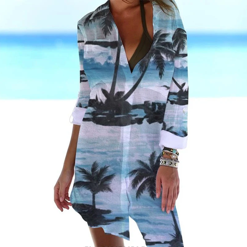 Summer New 2024 3D Coconut Tree Print Shirt Dress Beach Sexy Shirt Coat Shirt Long sleeve Women's Tank Top Dress