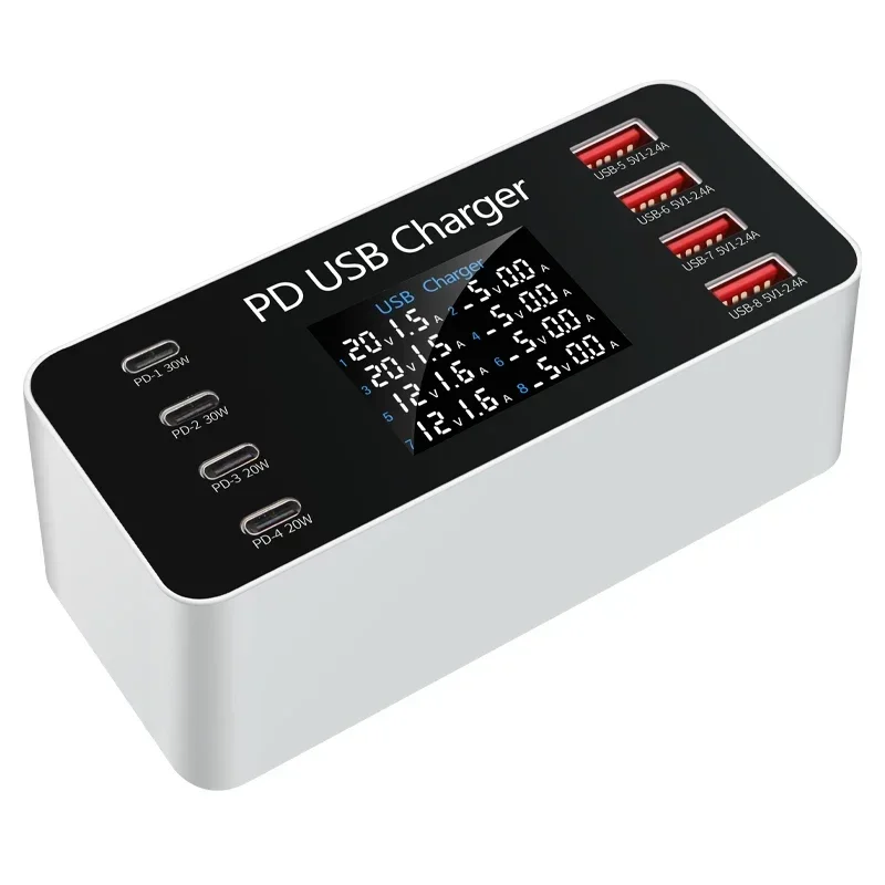 A9 65W 8-Port USB PD Charger 4USB-A+4USB-C PD Fast Charging Desktop Charging Station EU Plug US Plug with 1.2M Long AC Cable